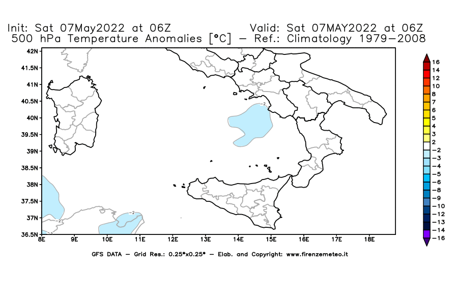 Mappa di analisi GFS - Anomalia Temperatura [°C] a 500 hPa in Sud-Italia
									del 07/05/2022 06 <!--googleoff: index-->UTC<!--googleon: index-->