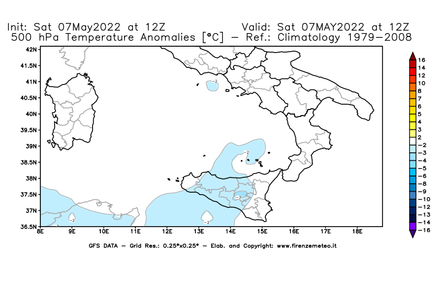 Mappa di analisi GFS - Anomalia Temperatura [°C] a 500 hPa in Sud-Italia
									del 07/05/2022 12 <!--googleoff: index-->UTC<!--googleon: index-->
