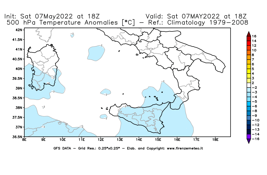 Mappa di analisi GFS - Anomalia Temperatura [°C] a 500 hPa in Sud-Italia
									del 07/05/2022 18 <!--googleoff: index-->UTC<!--googleon: index-->