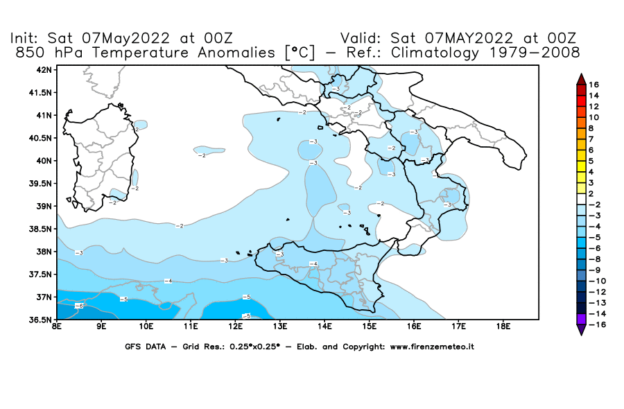Mappa di analisi GFS - Anomalia Temperatura [°C] a 850 hPa in Sud-Italia
									del 07/05/2022 00 <!--googleoff: index-->UTC<!--googleon: index-->