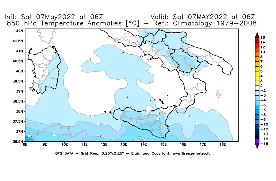 Mappa di analisi GFS - Anomalia Temperatura [°C] a 850 hPa in Sud-Italia
									del 07/05/2022 06 <!--googleoff: index-->UTC<!--googleon: index-->