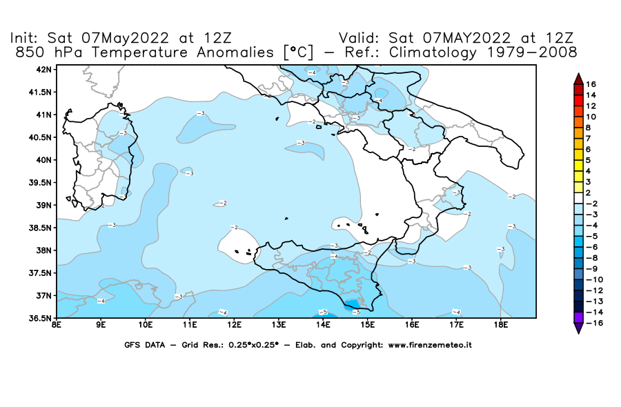 Mappa di analisi GFS - Anomalia Temperatura [°C] a 850 hPa in Sud-Italia
									del 07/05/2022 12 <!--googleoff: index-->UTC<!--googleon: index-->