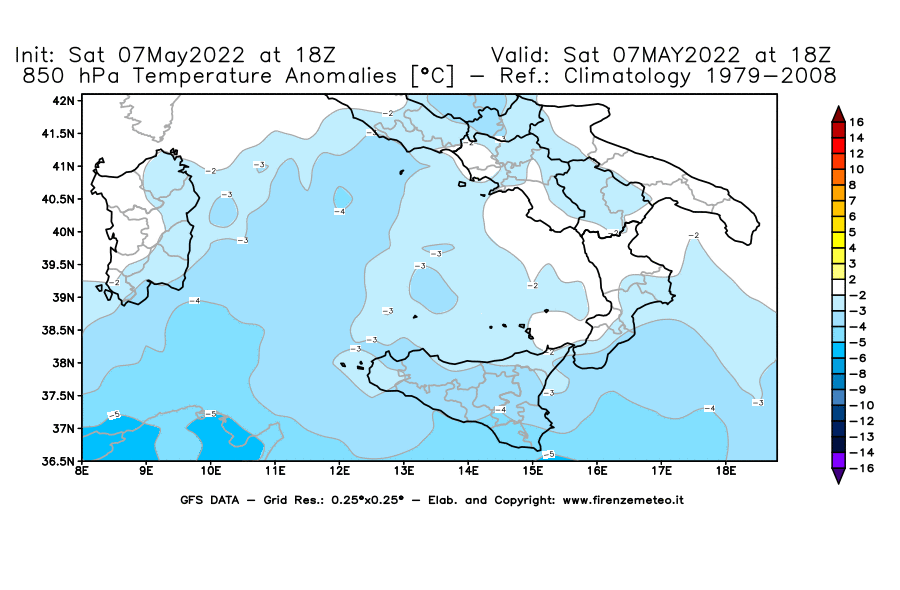 Mappa di analisi GFS - Anomalia Temperatura [°C] a 850 hPa in Sud-Italia
									del 07/05/2022 18 <!--googleoff: index-->UTC<!--googleon: index-->