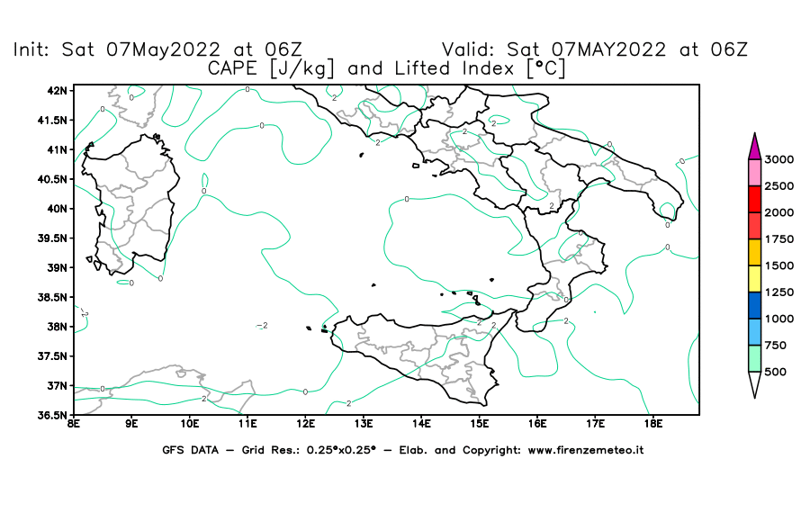 Mappa di analisi GFS - CAPE [J/kg] e Lifted Index [°C] in Sud-Italia
									del 07/05/2022 06 <!--googleoff: index-->UTC<!--googleon: index-->
