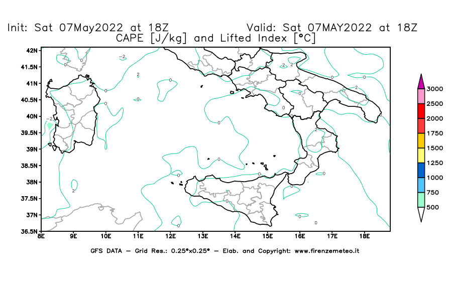 Mappa di analisi GFS - CAPE [J/kg] e Lifted Index [°C] in Sud-Italia
									del 07/05/2022 18 <!--googleoff: index-->UTC<!--googleon: index-->