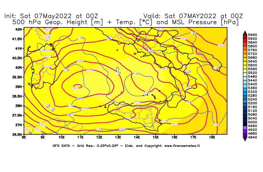 Mappa di analisi GFS - Geopotenziale [m] + Temp. [°C] a 500 hPa + Press. a livello del mare [hPa] in Sud-Italia
									del 07/05/2022 00 <!--googleoff: index-->UTC<!--googleon: index-->