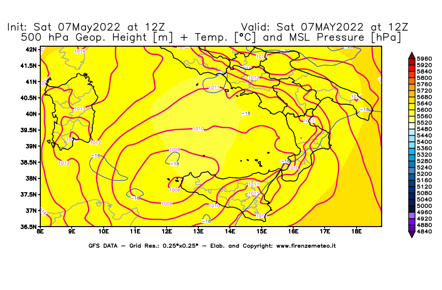 Mappa di analisi GFS - Geopotenziale [m] + Temp. [°C] a 500 hPa + Press. a livello del mare [hPa] in Sud-Italia
									del 07/05/2022 12 <!--googleoff: index-->UTC<!--googleon: index-->