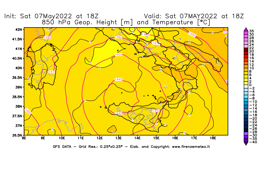 Mappa di analisi GFS - Geopotenziale [m] e Temperatura [°C] a 850 hPa in Sud-Italia
									del 07/05/2022 18 <!--googleoff: index-->UTC<!--googleon: index-->