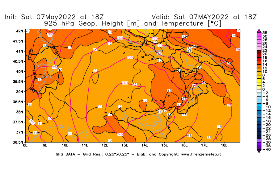 Mappa di analisi GFS - Geopotenziale [m] e Temperatura [°C] a 925 hPa in Sud-Italia
									del 07/05/2022 18 <!--googleoff: index-->UTC<!--googleon: index-->