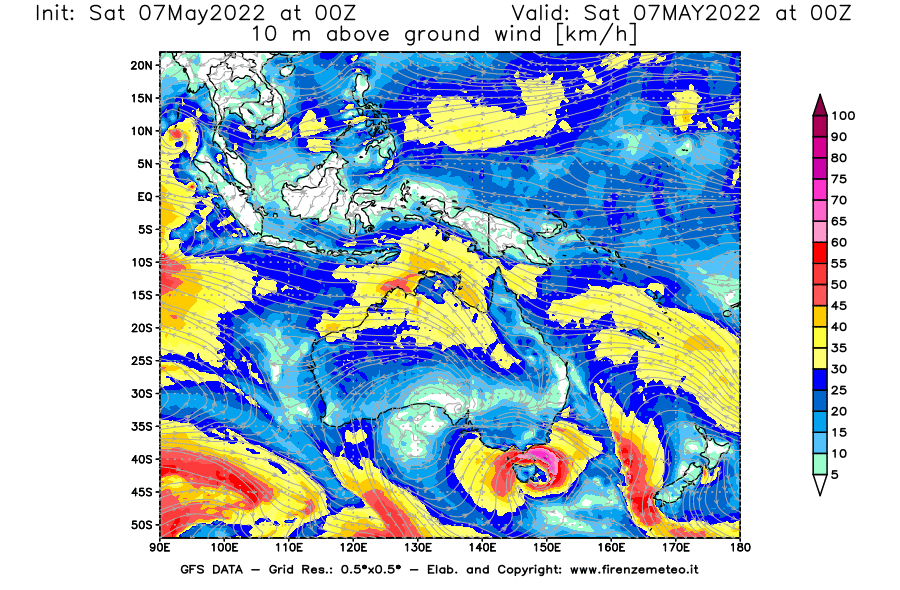Mappa di analisi GFS - Velocità del vento a 10 metri dal suolo [km/h] in Oceania
									del 07/05/2022 00 <!--googleoff: index-->UTC<!--googleon: index-->
