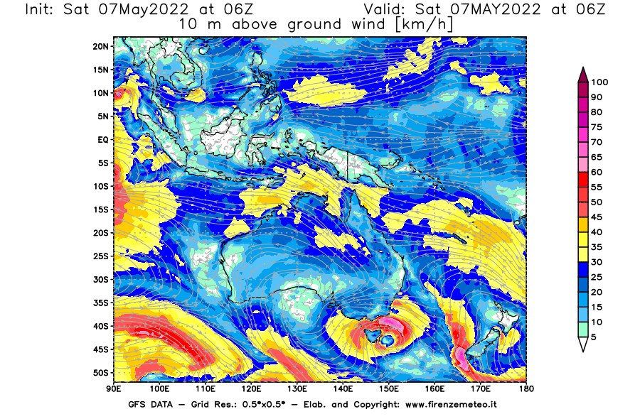 Mappa di analisi GFS - Velocità del vento a 10 metri dal suolo [km/h] in Oceania
									del 07/05/2022 06 <!--googleoff: index-->UTC<!--googleon: index-->