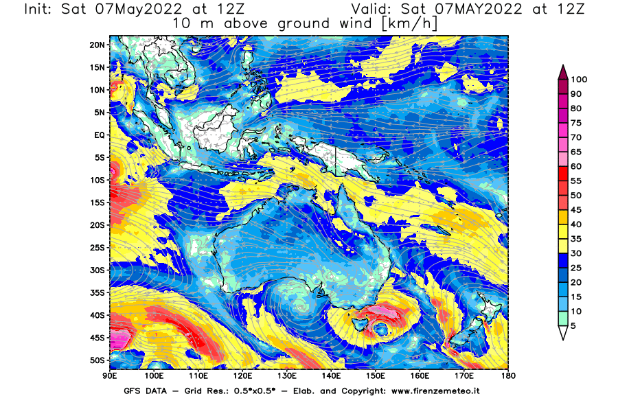 Mappa di analisi GFS - Velocità del vento a 10 metri dal suolo [km/h] in Oceania
									del 07/05/2022 12 <!--googleoff: index-->UTC<!--googleon: index-->