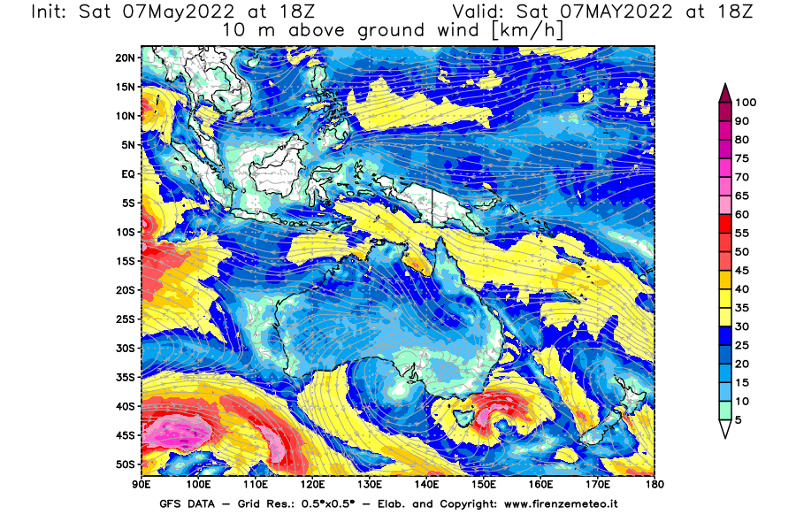 Mappa di analisi GFS - Velocità del vento a 10 metri dal suolo [km/h] in Oceania
									del 07/05/2022 18 <!--googleoff: index-->UTC<!--googleon: index-->