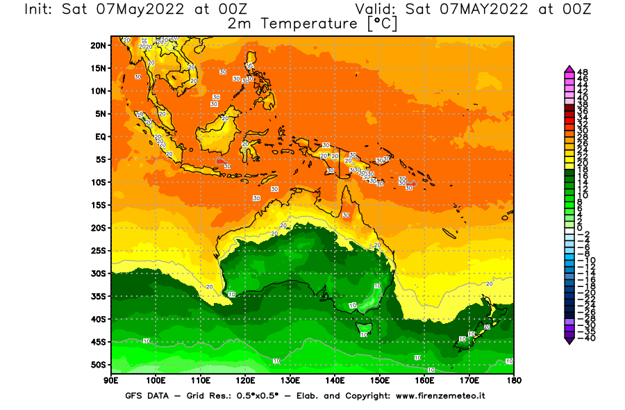 Mappa di analisi GFS - Temperatura a 2 metri dal suolo [°C] in Oceania
									del 07/05/2022 00 <!--googleoff: index-->UTC<!--googleon: index-->