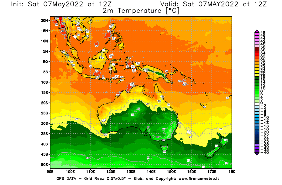 Mappa di analisi GFS - Temperatura a 2 metri dal suolo [°C] in Oceania
									del 07/05/2022 12 <!--googleoff: index-->UTC<!--googleon: index-->