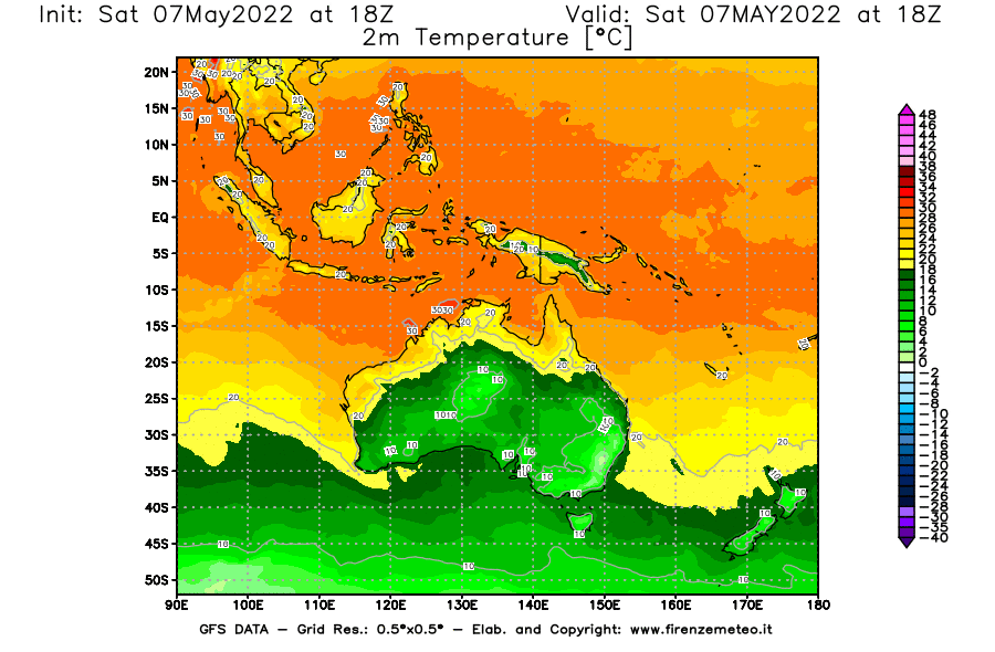 Mappa di analisi GFS - Temperatura a 2 metri dal suolo [°C] in Oceania
									del 07/05/2022 18 <!--googleoff: index-->UTC<!--googleon: index-->