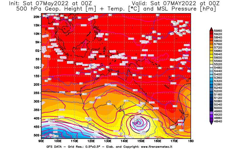 Mappa di analisi GFS - Geopotenziale [m] + Temp. [°C] a 500 hPa + Press. a livello del mare [hPa] in Oceania
									del 07/05/2022 00 <!--googleoff: index-->UTC<!--googleon: index-->