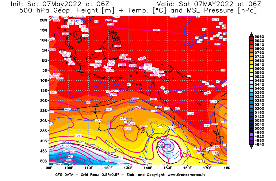 Mappa di analisi GFS - Geopotenziale [m] + Temp. [°C] a 500 hPa + Press. a livello del mare [hPa] in Oceania
									del 07/05/2022 06 <!--googleoff: index-->UTC<!--googleon: index-->