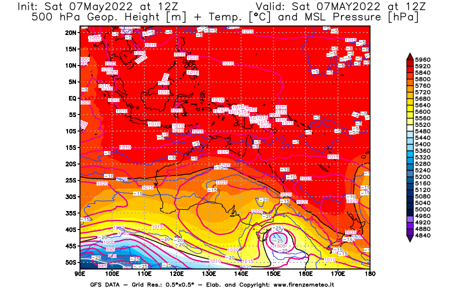 Mappa di analisi GFS - Geopotenziale [m] + Temp. [°C] a 500 hPa + Press. a livello del mare [hPa] in Oceania
									del 07/05/2022 12 <!--googleoff: index-->UTC<!--googleon: index-->