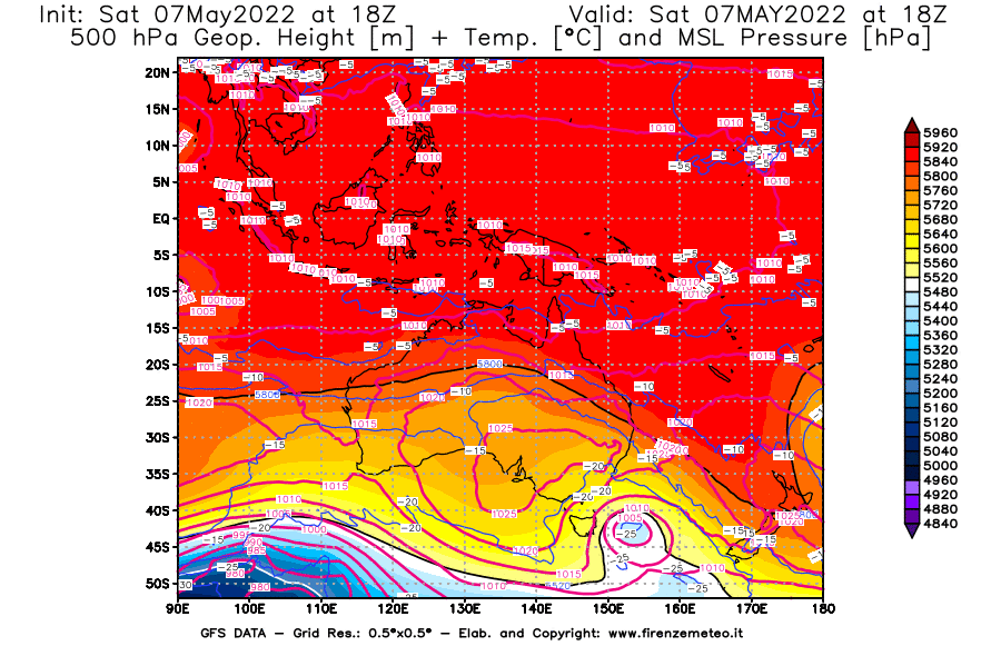 Mappa di analisi GFS - Geopotenziale [m] + Temp. [°C] a 500 hPa + Press. a livello del mare [hPa] in Oceania
									del 07/05/2022 18 <!--googleoff: index-->UTC<!--googleon: index-->