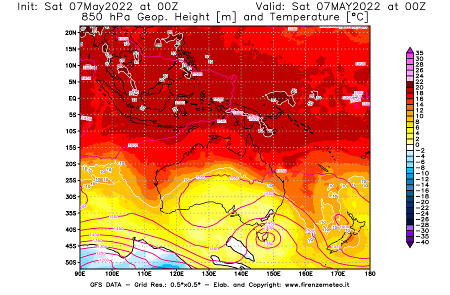 Mappa di analisi GFS - Geopotenziale [m] e Temperatura [°C] a 850 hPa in Oceania
									del 07/05/2022 00 <!--googleoff: index-->UTC<!--googleon: index-->