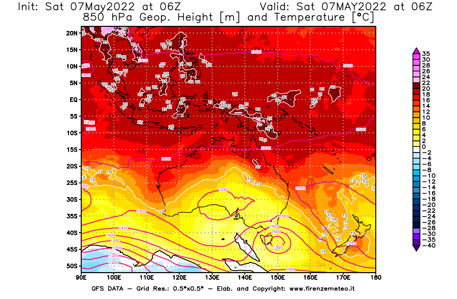 Mappa di analisi GFS - Geopotenziale [m] e Temperatura [°C] a 850 hPa in Oceania
									del 07/05/2022 06 <!--googleoff: index-->UTC<!--googleon: index-->