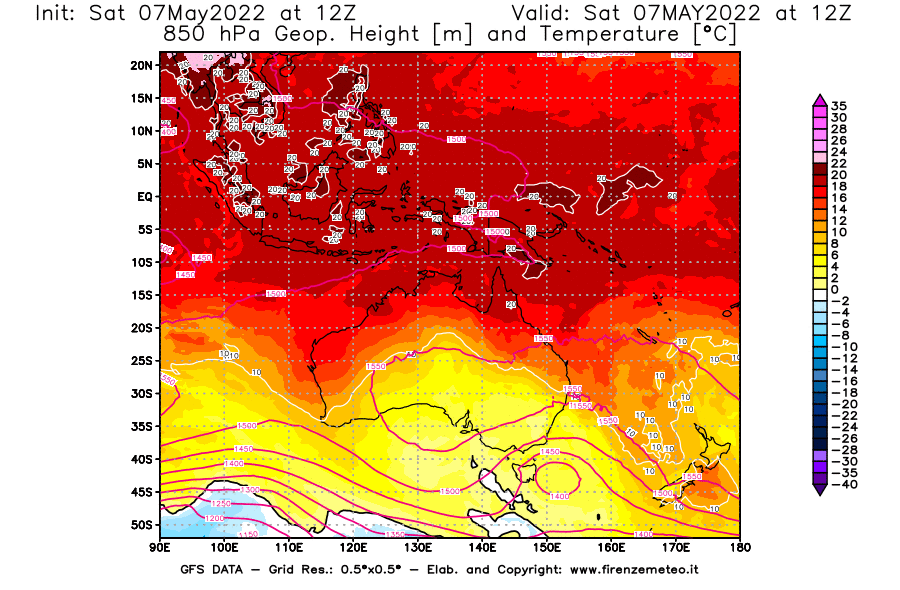 Mappa di analisi GFS - Geopotenziale [m] e Temperatura [°C] a 850 hPa in Oceania
									del 07/05/2022 12 <!--googleoff: index-->UTC<!--googleon: index-->