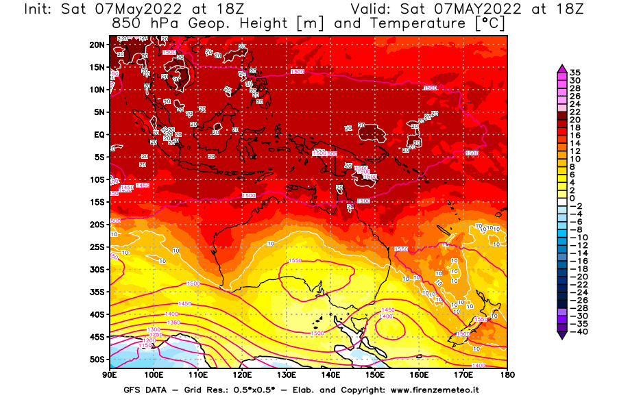 Mappa di analisi GFS - Geopotenziale [m] e Temperatura [°C] a 850 hPa in Oceania
									del 07/05/2022 18 <!--googleoff: index-->UTC<!--googleon: index-->