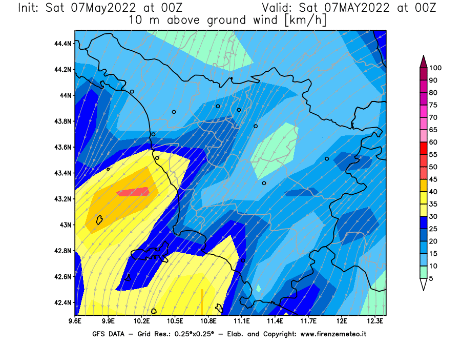 Mappa di analisi GFS - Velocità del vento a 10 metri dal suolo [km/h] in Toscana
									del 07/05/2022 00 <!--googleoff: index-->UTC<!--googleon: index-->