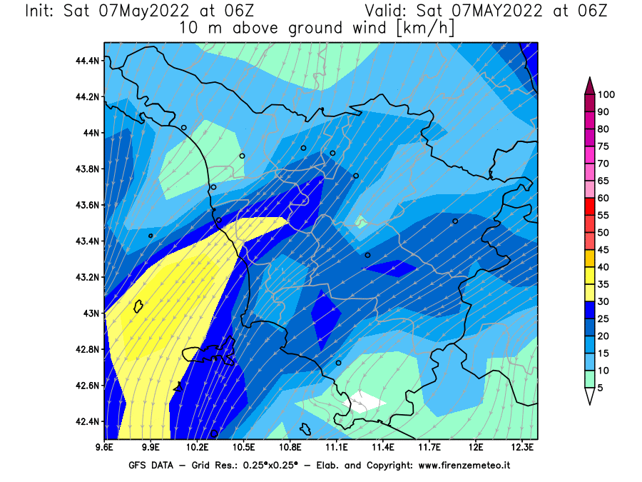 Mappa di analisi GFS - Velocità del vento a 10 metri dal suolo [km/h] in Toscana
									del 07/05/2022 06 <!--googleoff: index-->UTC<!--googleon: index-->