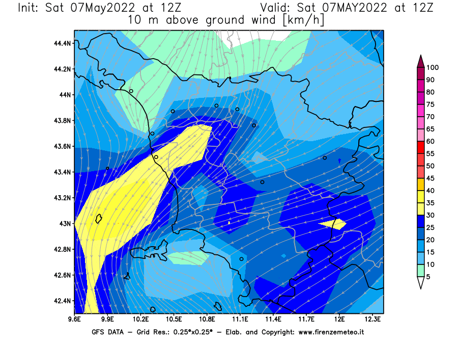 Mappa di analisi GFS - Velocità del vento a 10 metri dal suolo [km/h] in Toscana
									del 07/05/2022 12 <!--googleoff: index-->UTC<!--googleon: index-->