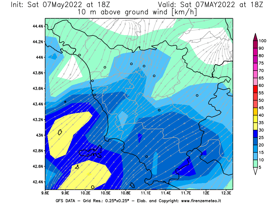 Mappa di analisi GFS - Velocità del vento a 10 metri dal suolo [km/h] in Toscana
									del 07/05/2022 18 <!--googleoff: index-->UTC<!--googleon: index-->