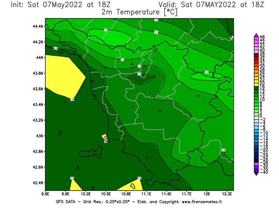 Mappa di analisi GFS - Temperatura a 2 metri dal suolo [°C] in Toscana
									del 07/05/2022 18 <!--googleoff: index-->UTC<!--googleon: index-->