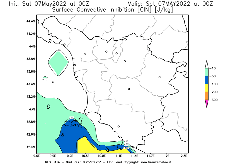 Mappa di analisi GFS - CIN [J/kg] in Toscana
									del 07/05/2022 00 <!--googleoff: index-->UTC<!--googleon: index-->