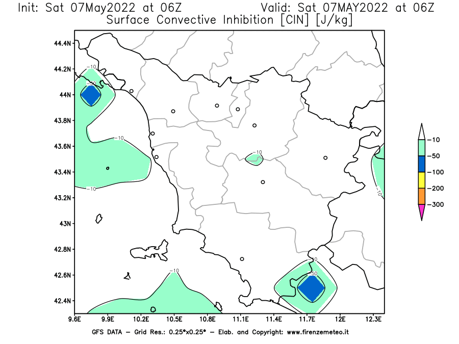 Mappa di analisi GFS - CIN [J/kg] in Toscana
									del 07/05/2022 06 <!--googleoff: index-->UTC<!--googleon: index-->