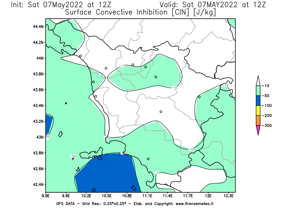 Mappa di analisi GFS - CIN [J/kg] in Toscana
									del 07/05/2022 12 <!--googleoff: index-->UTC<!--googleon: index-->