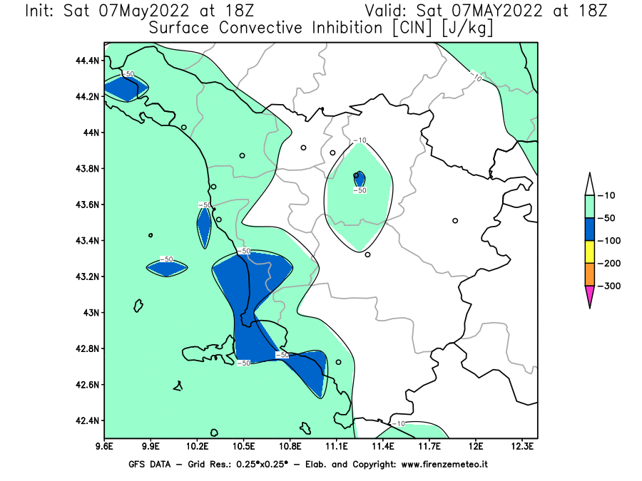 Mappa di analisi GFS - CIN [J/kg] in Toscana
									del 07/05/2022 18 <!--googleoff: index-->UTC<!--googleon: index-->