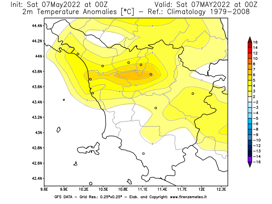 Mappa di analisi GFS - Anomalia Temperatura [°C] a 2 m in Toscana
									del 07/05/2022 00 <!--googleoff: index-->UTC<!--googleon: index-->