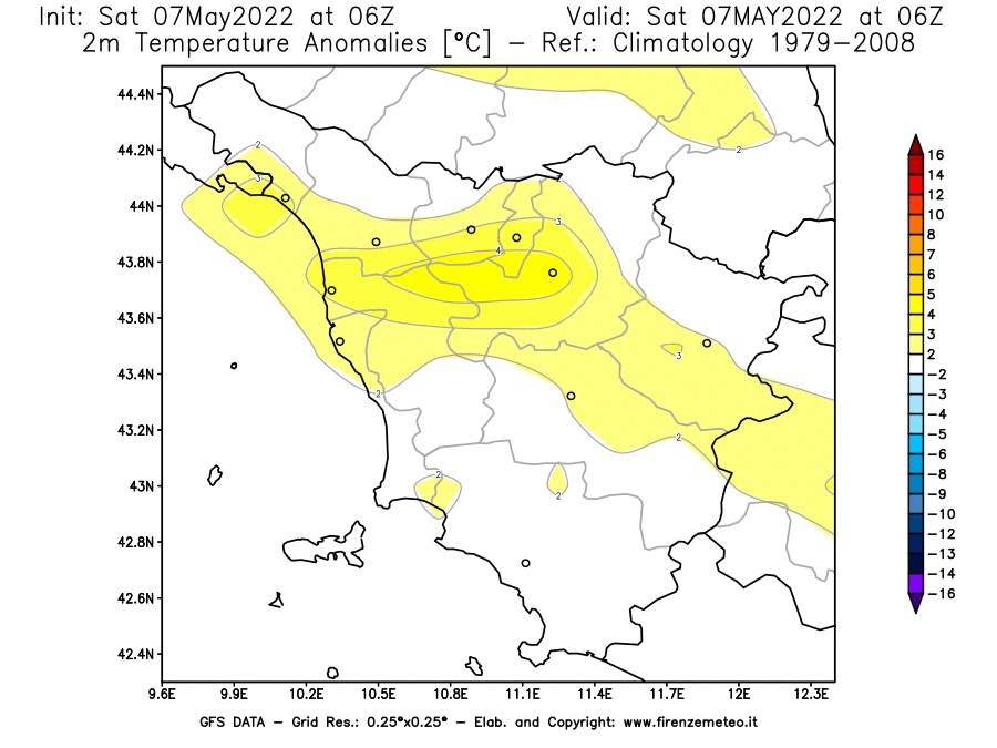 Mappa di analisi GFS - Anomalia Temperatura [°C] a 2 m in Toscana
									del 07/05/2022 06 <!--googleoff: index-->UTC<!--googleon: index-->