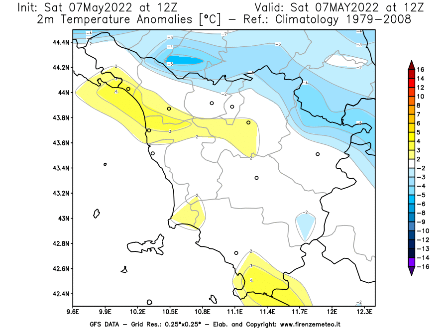 Mappa di analisi GFS - Anomalia Temperatura [°C] a 2 m in Toscana
									del 07/05/2022 12 <!--googleoff: index-->UTC<!--googleon: index-->