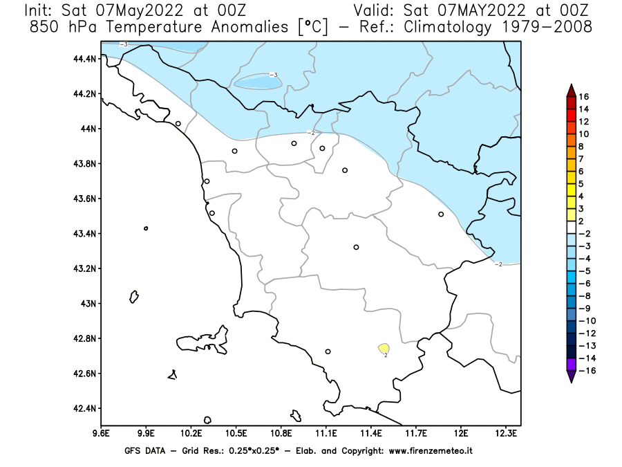 Mappa di analisi GFS - Anomalia Temperatura [°C] a 850 hPa in Toscana
									del 07/05/2022 00 <!--googleoff: index-->UTC<!--googleon: index-->