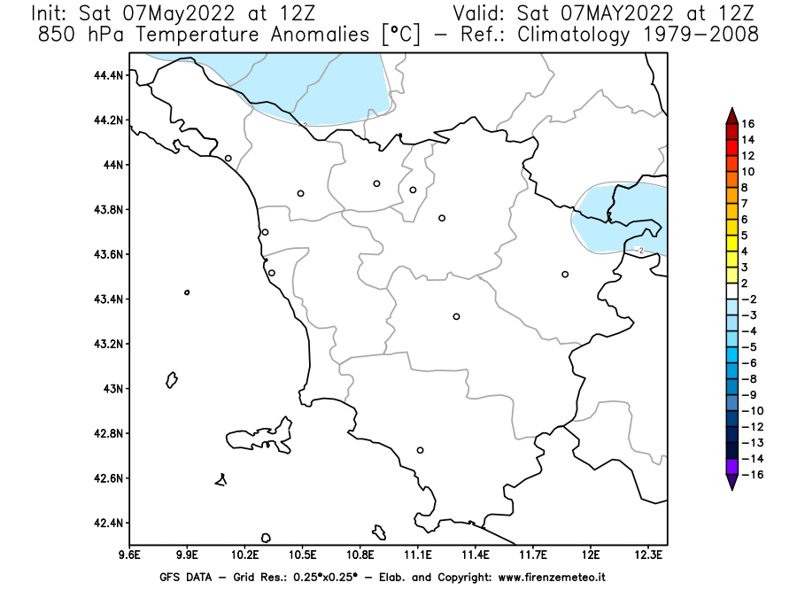 Mappa di analisi GFS - Anomalia Temperatura [°C] a 850 hPa in Toscana
									del 07/05/2022 12 <!--googleoff: index-->UTC<!--googleon: index-->