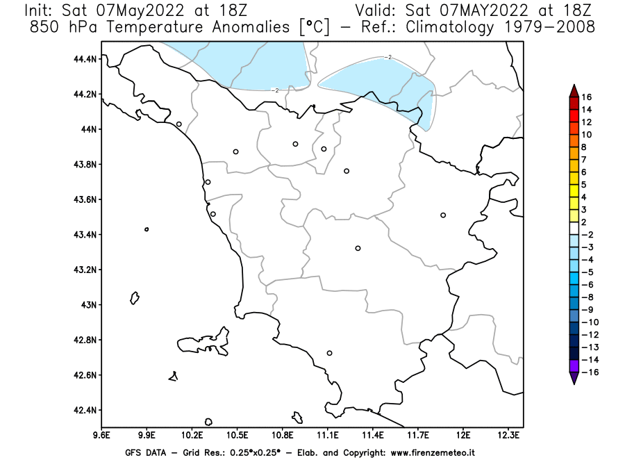 Mappa di analisi GFS - Anomalia Temperatura [°C] a 850 hPa in Toscana
									del 07/05/2022 18 <!--googleoff: index-->UTC<!--googleon: index-->