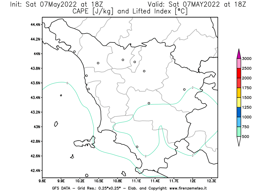 Mappa di analisi GFS - CAPE [J/kg] e Lifted Index [°C] in Toscana
									del 07/05/2022 18 <!--googleoff: index-->UTC<!--googleon: index-->