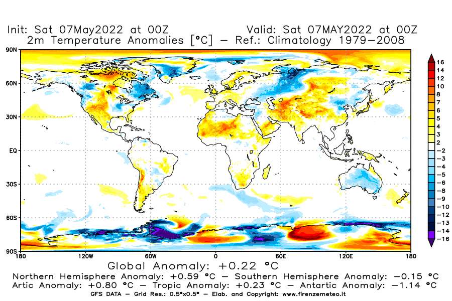 Mappa di analisi GFS - Anomalia Temperatura [°C] a 2 m in World
									del 07/05/2022 00 <!--googleoff: index-->UTC<!--googleon: index-->