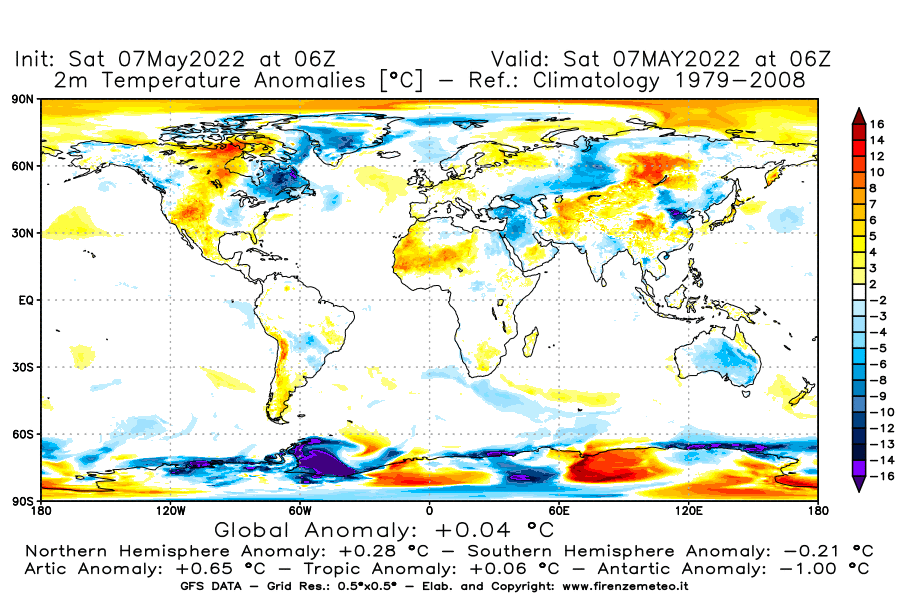 Mappa di analisi GFS - Anomalia Temperatura [°C] a 2 m in World
									del 07/05/2022 06 <!--googleoff: index-->UTC<!--googleon: index-->