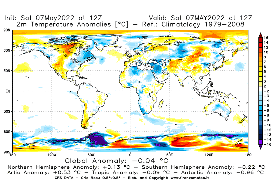 Mappa di analisi GFS - Anomalia Temperatura [°C] a 2 m in World
									del 07/05/2022 12 <!--googleoff: index-->UTC<!--googleon: index-->