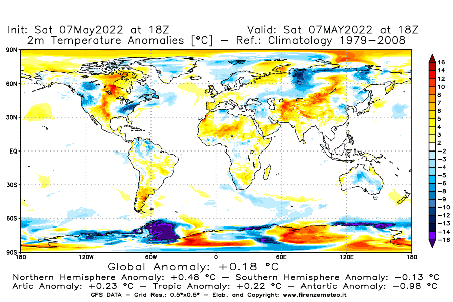 Mappa di analisi GFS - Anomalia Temperatura [°C] a 2 m in World
									del 07/05/2022 18 <!--googleoff: index-->UTC<!--googleon: index-->