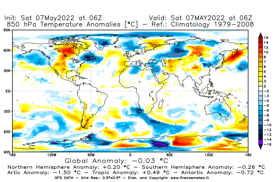 Mappa di analisi GFS - Anomalia Temperatura [°C] a 850 hPa in World
									del 07/05/2022 06 <!--googleoff: index-->UTC<!--googleon: index-->