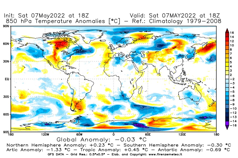 Mappa di analisi GFS - Anomalia Temperatura [°C] a 850 hPa in World
									del 07/05/2022 18 <!--googleoff: index-->UTC<!--googleon: index-->